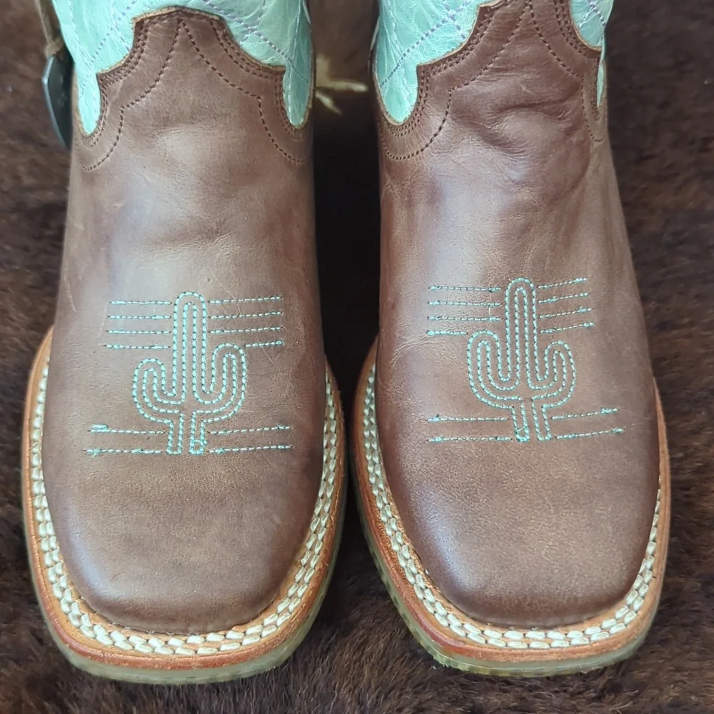 TIN HAUL I<3 Cactus🌵 cowgirl boots brown/lake green/pink sz 2 little girl NWT